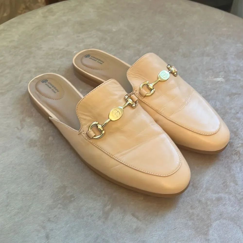 Gianni Binni Sz 10.5 Classic Nude Leather Slides Loafers EUC!